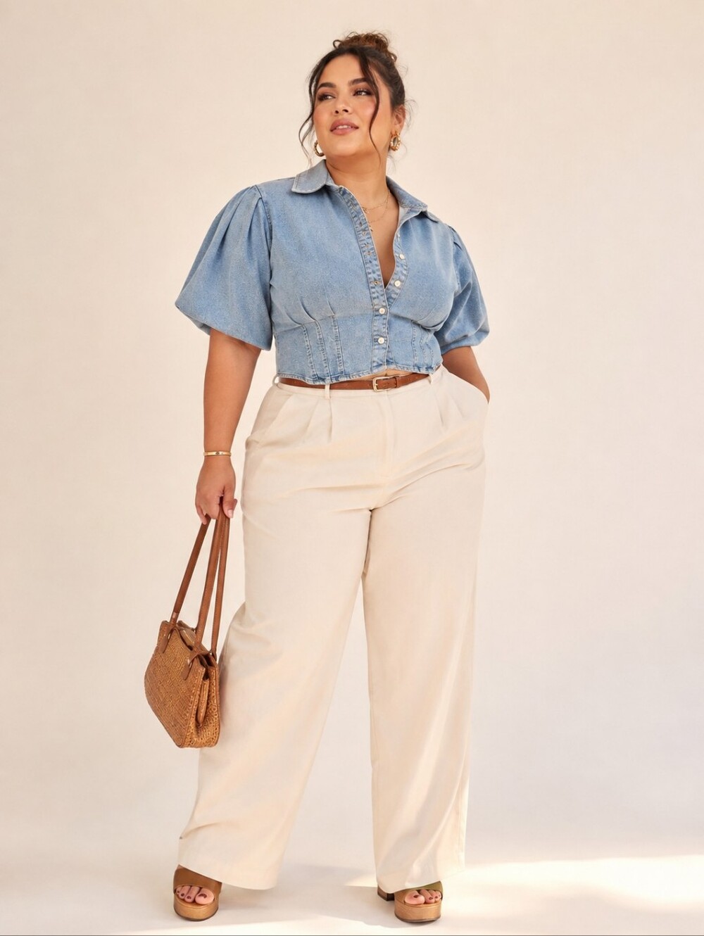 bagatelle Light Blue Denim Puff-Sleeve Blouse
